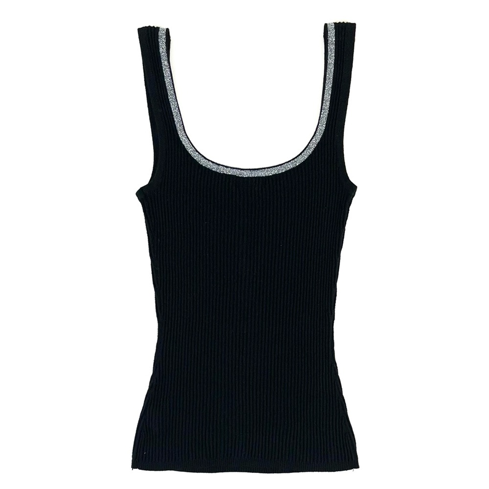 Cache Black Ribbed Sparkle Trim Button Up Tank Top - image 2